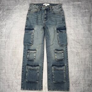 UH Cargo Jeans Womens 28 Blue Baggy Wide Leg Multi Pocket Utility Streetwear